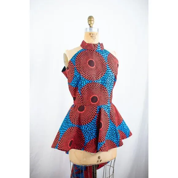 Colorful Boutique African Print Dress, High Low Skirt Fit and Flare Ankara, XL - Picture 2 of 9